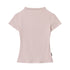 Pink fitted mock neck tee in soft ribbed fabric, essential wardrobe basic back view