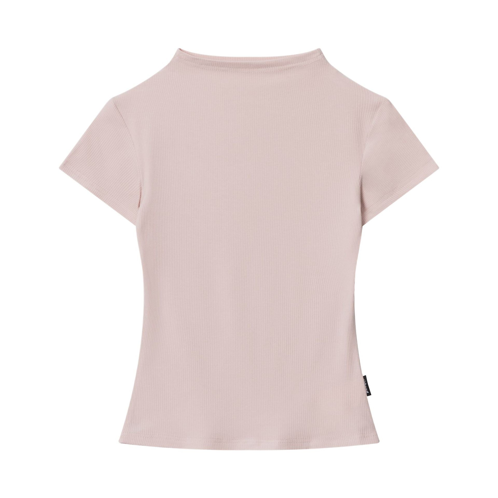 Pink fitted mock neck tee in soft ribbed fabric, essential wardrobe basic back view