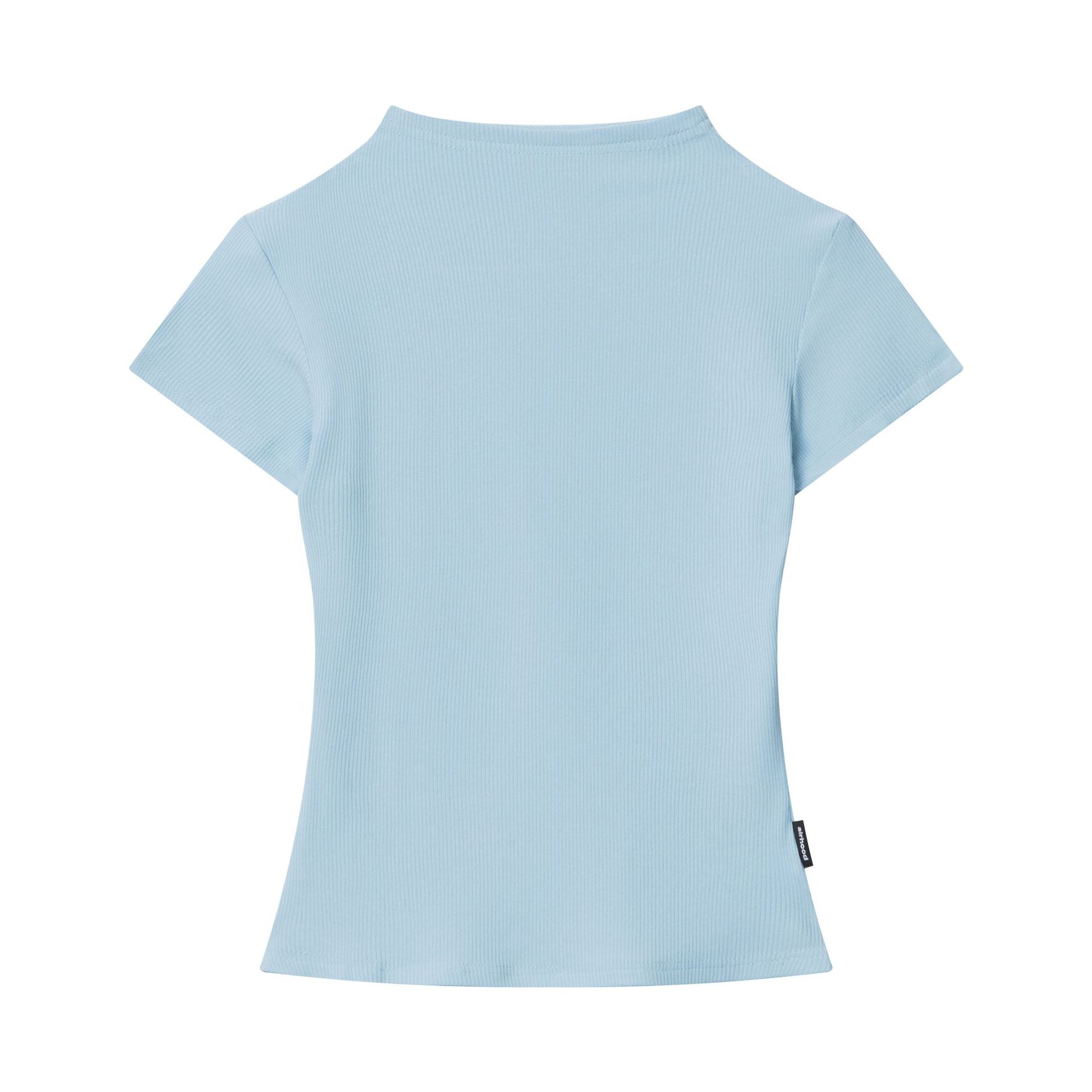 Blue fitted t-shirt with mock neck design, featuring soft ribbed fabric and slim fit back view