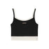 A black ribbed crop tank with white contrast trim and small metal logo plate, displayed flat against white background