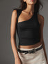 Black one-shoulder top with black studded belt