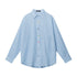 A flat-lay of a blue striped button-up shirt with a classic collar, chest pocket, and multicolored buttons, displayed against a white background