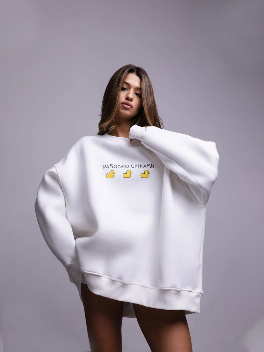 Jersey de cuello redondo con estampado de tres patos en mezcla de algodón de gran tamaño
