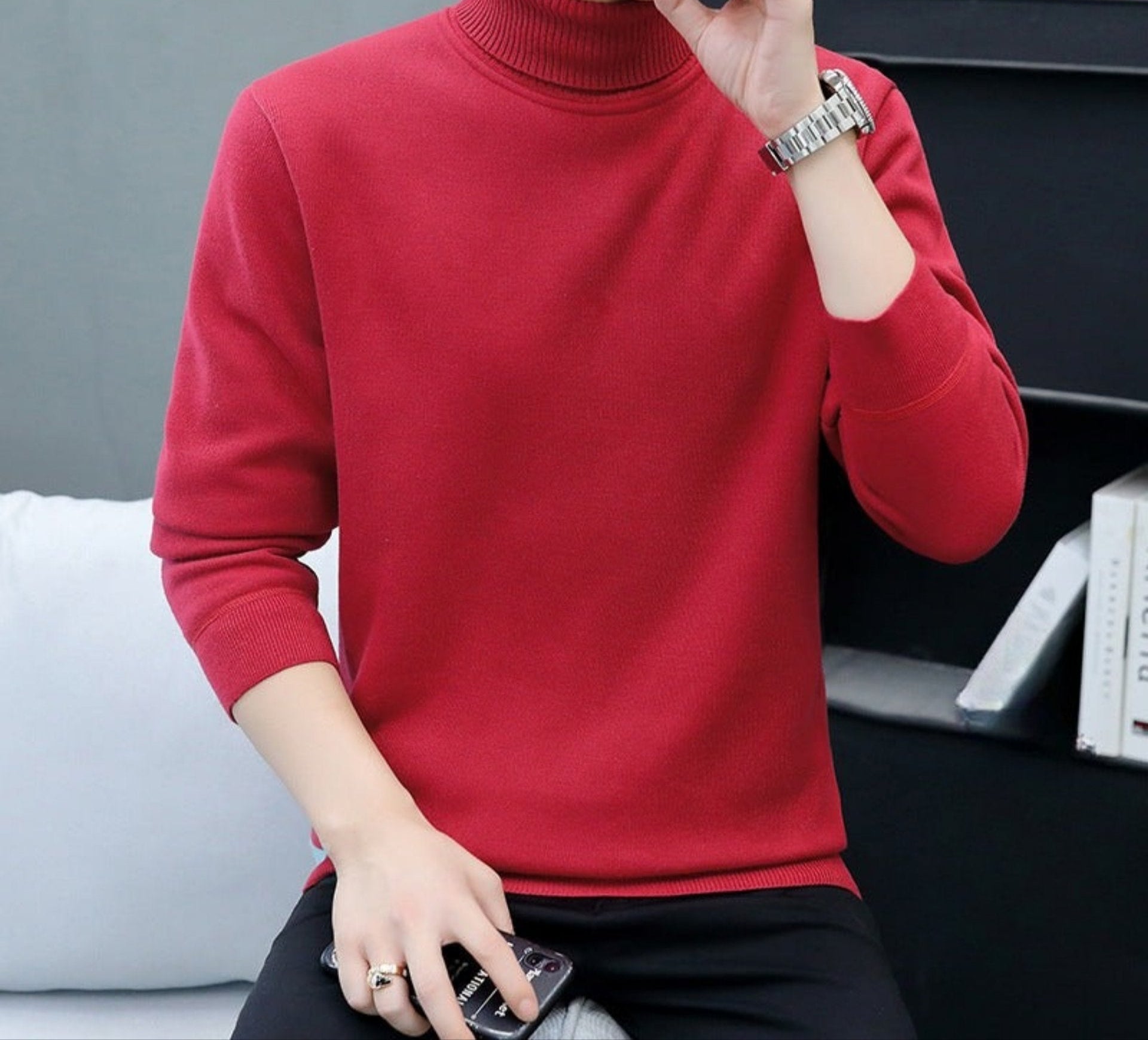 Red turtleneck sweater with fleece lining