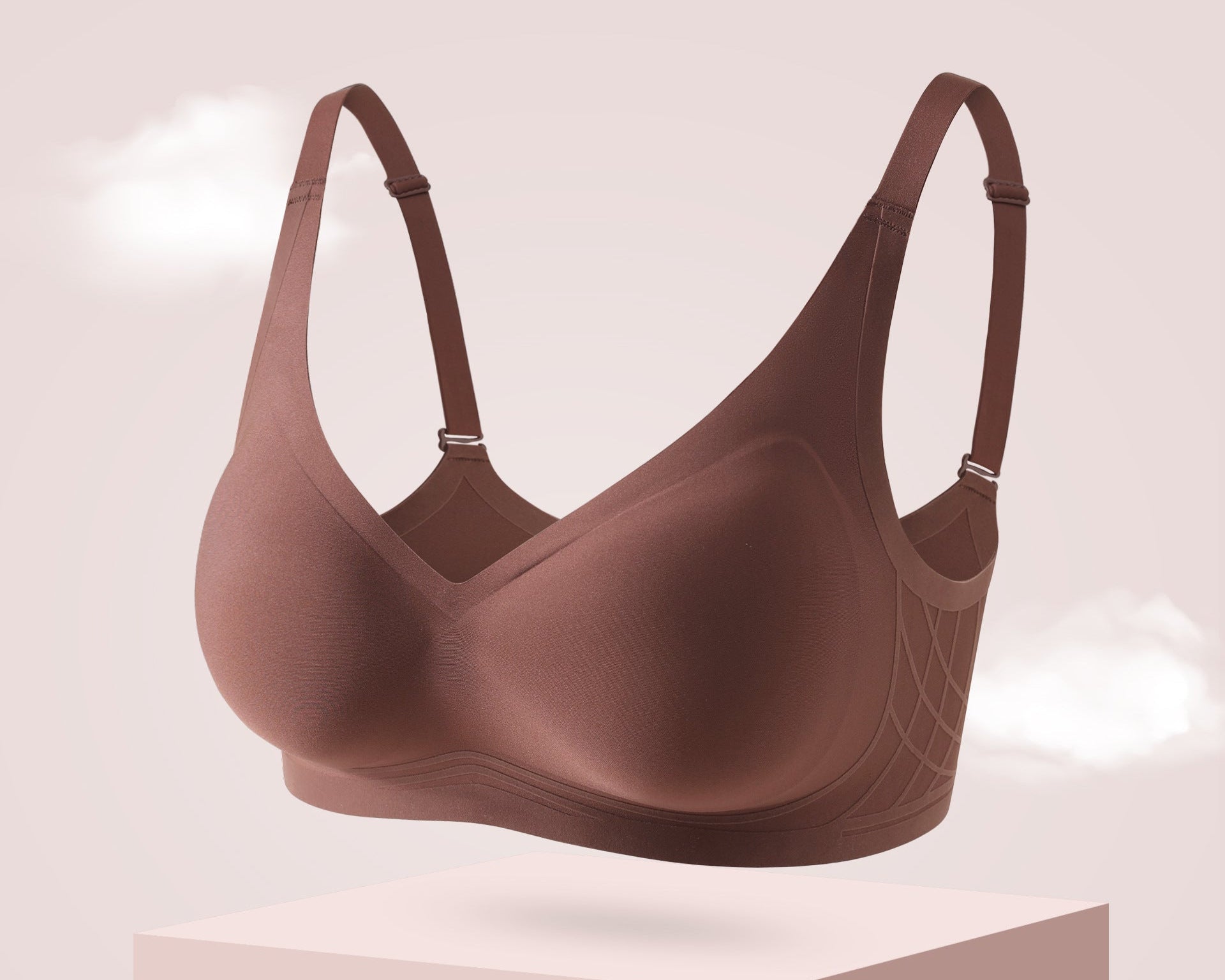 Seamless burgundy bra with soft support, molded cups, and a sleek, elegant design.