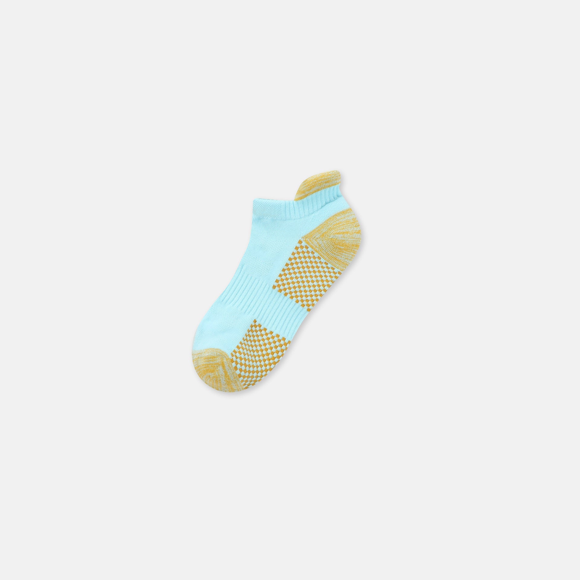 Light blue athletic ankle sock with yellow checkered support zones and reinforced heel, displayed flat against white background