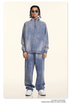Light gray quarter-zip pullover sweatshirt with mock neck, raglan sleeves, ribbed cuffs, white tag visible, gray background