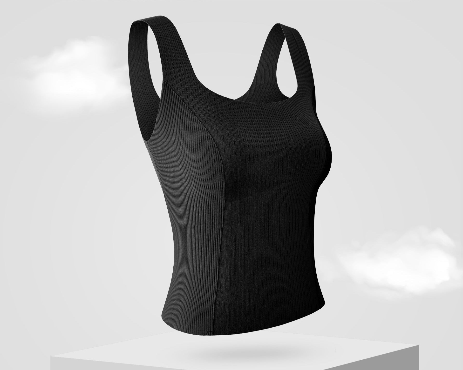 Black ribbed tank top with built-in bra, offering a seamless and sculpting effect.