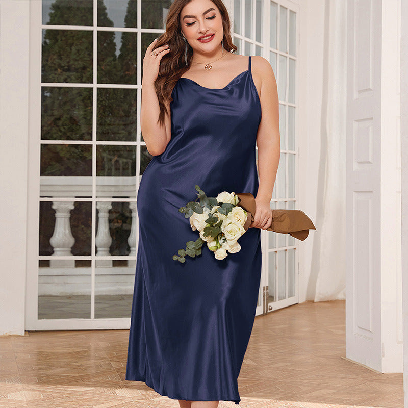 Plus-Size Satin-Feel Long Dress with V-Neck and Sleeveless Design
