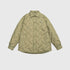 Olive-tan quilted shirt jacket with collar and small embroidered logo displayed flat against light gray background