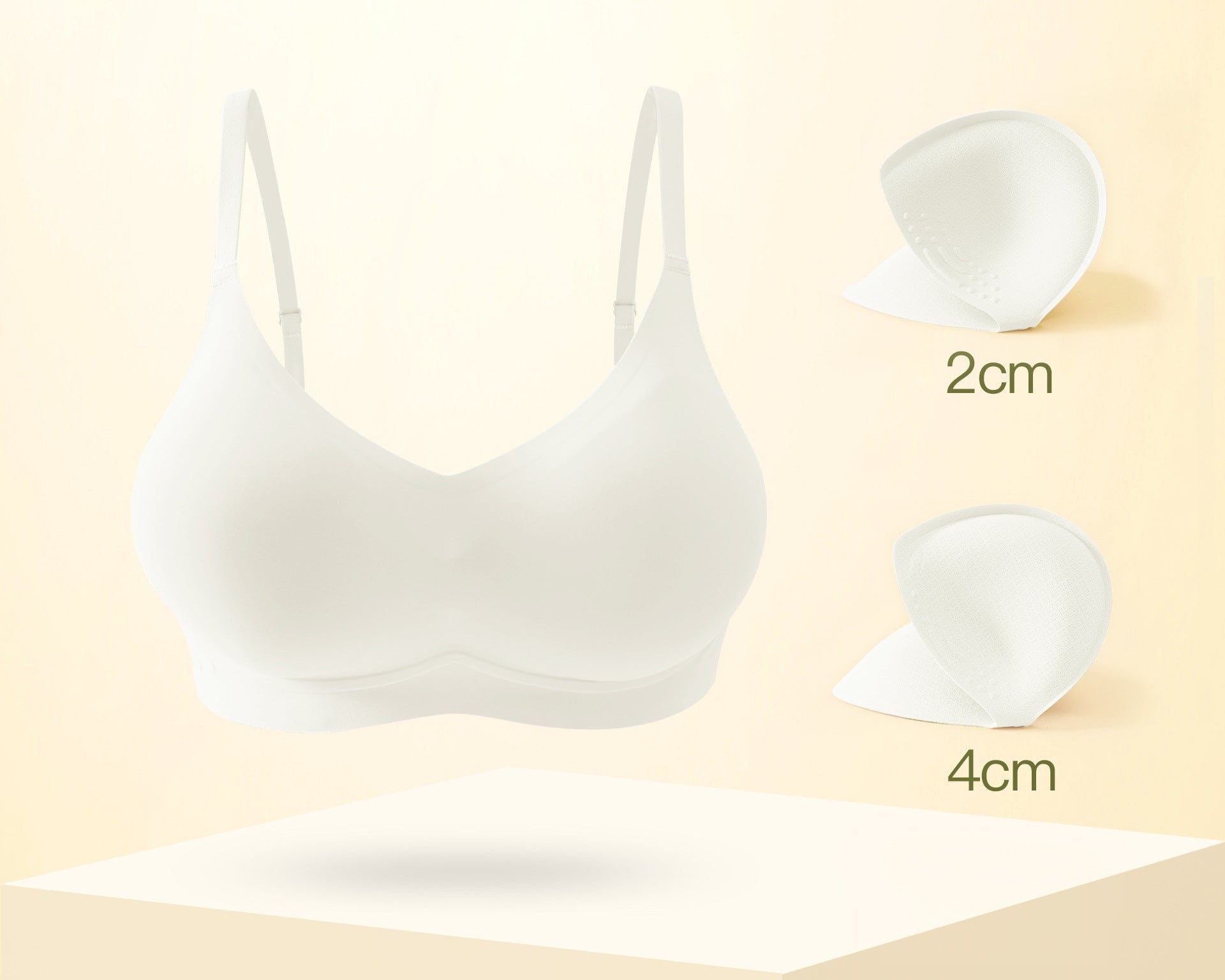 Creamy white seamless bra with removable 2cm and 4cm padding.