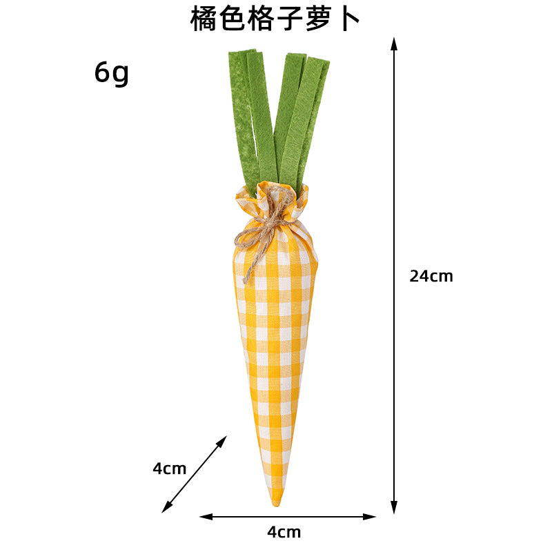 An orange gingham fabric carrot with green felt leaves, measuring 24cm in length and 4cm in width, weighing 6g.