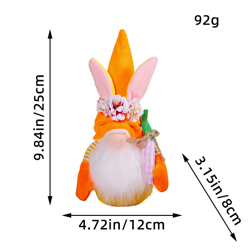 Measurement image of an orange Easter gnome, 9.84in (25cm) tall and 4.72in (12cm) wide, with floral details and a carrot.