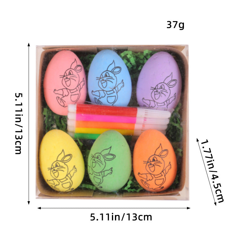 Easter egg painting kit with six pre-colored pastel eggs featuring a bunny design, with six color markers, shown with dimensions.
