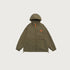 Olive green windbreaker jacket with orange bicycle logo and zippered pockets displayed flat against white background