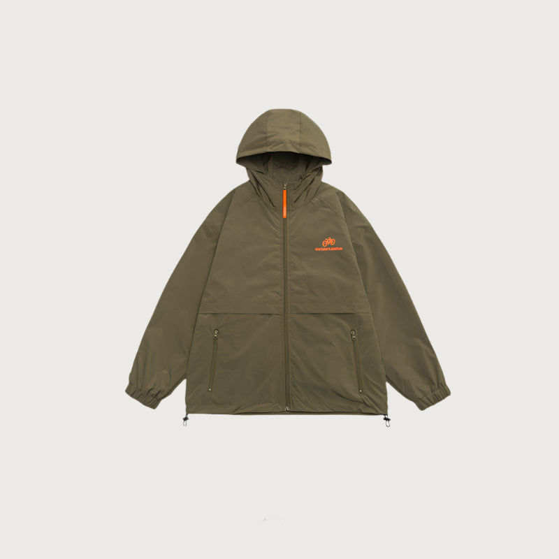 Olive green windbreaker jacket with orange bicycle logo and zippered pockets displayed flat against white background