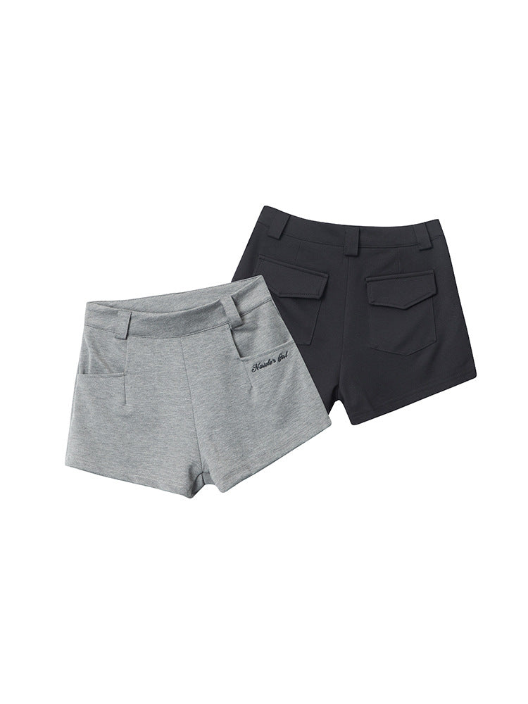 Gray and black shorts displayed side by side showing color options and pocket details