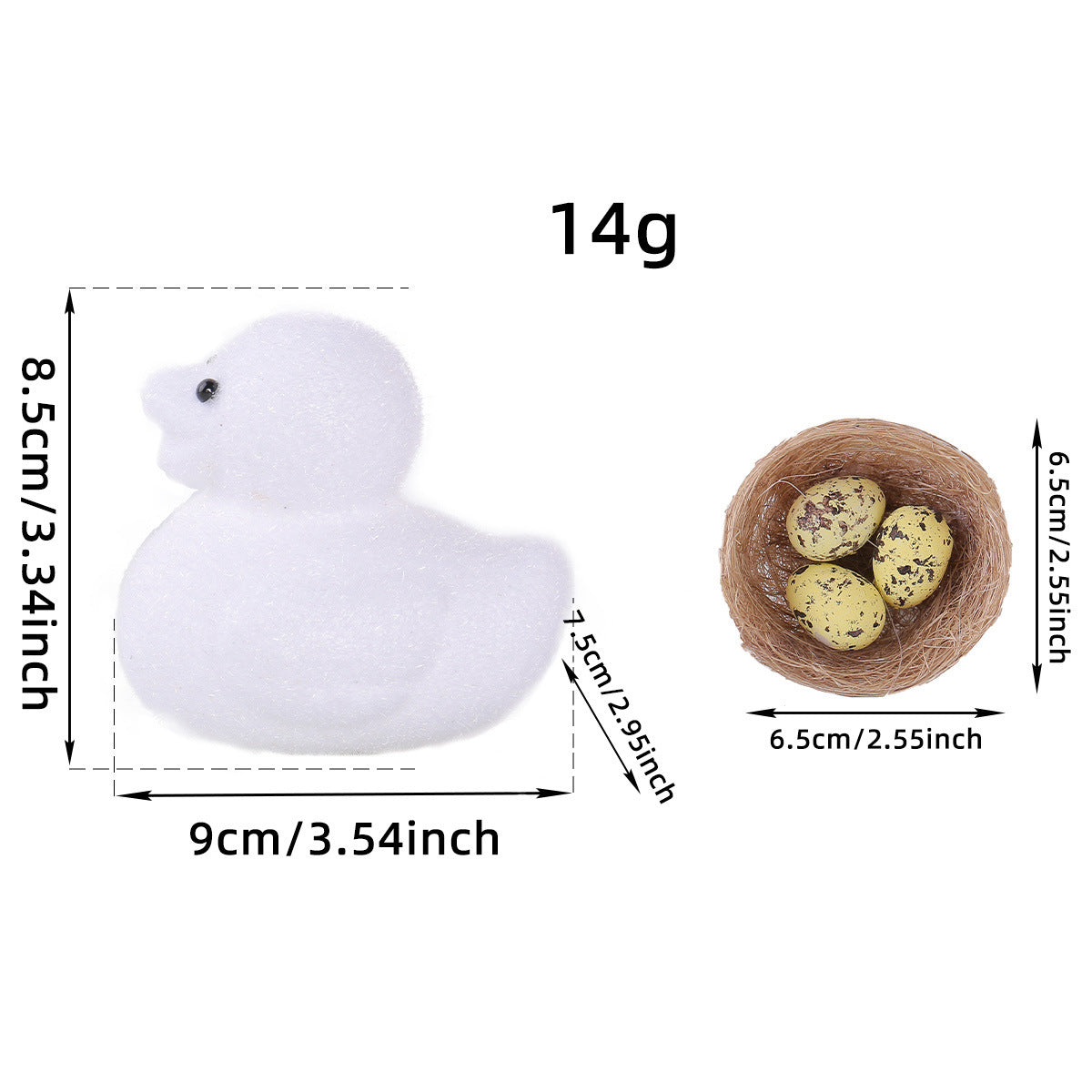 Snow white chick figurine with a soft, fuzzy texture, displayed with a nest of speckled eggs and size details.