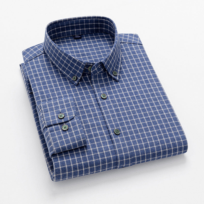 Medium blue check shirt with small white grid pattern and button-down collar construction