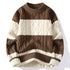 Cable-knit sweater with brown and cream horizontal stripes