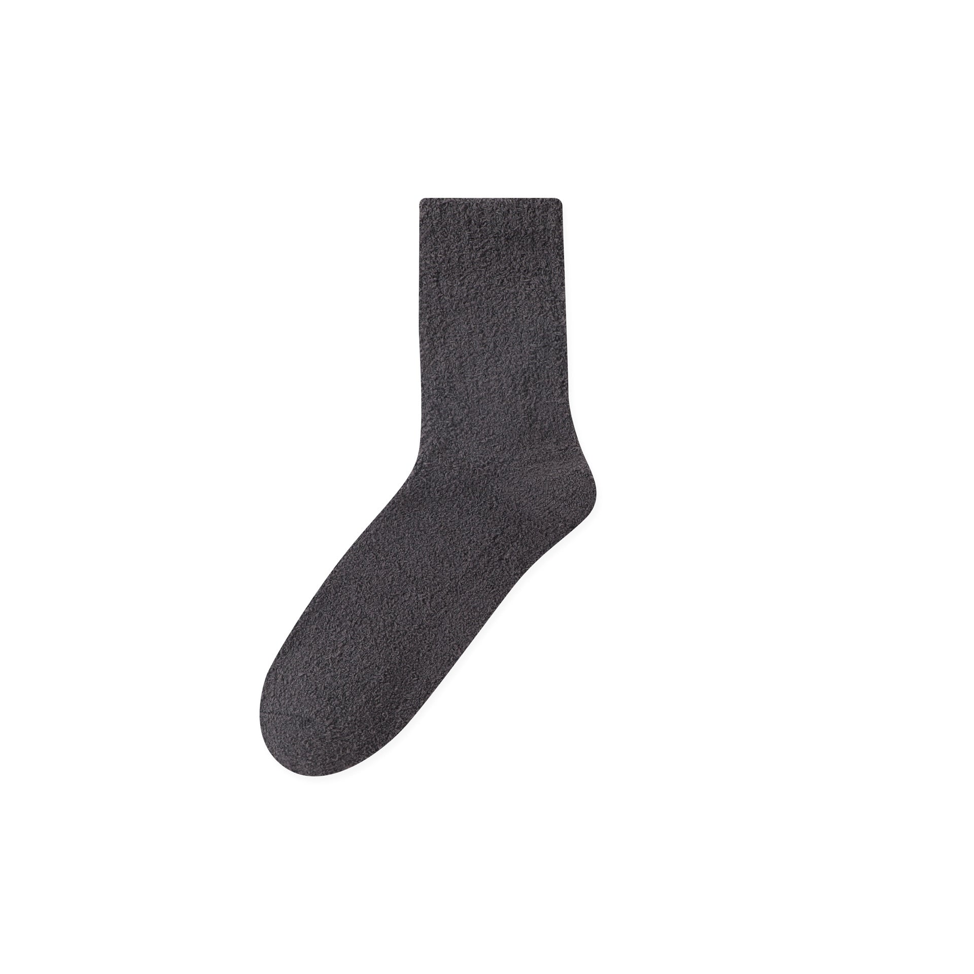 Slate blue sock with a plush, textured surface, positioned vertically