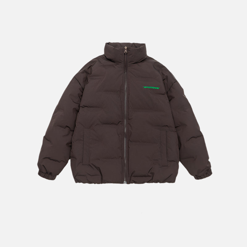Flat lay product photos of black and brown puffer jackets