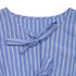 A detailed view of the neckline and bow-tie closures of the blue striped dress.