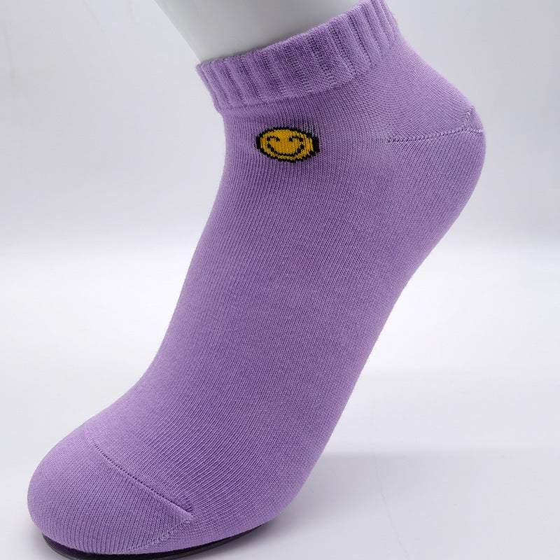 Lavender purple ankle sock with yellow smiley face embroidered detail