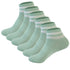 Six-pack of mint green ankle socks with white striped cuffs, arranged in a row showing ribbed texture and design