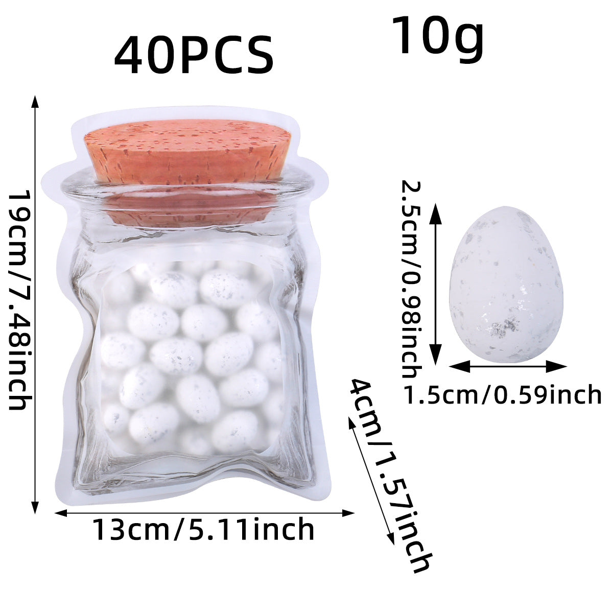 A transparent jar-shaped bag filled with pure white speckled eggs. Dimensions: 19cm/7.48in height, 13cm/5.11in width, 4cm/1.57in depth. Eggs: 2.5cm/0.98in x 1.5cm/0.59in.
