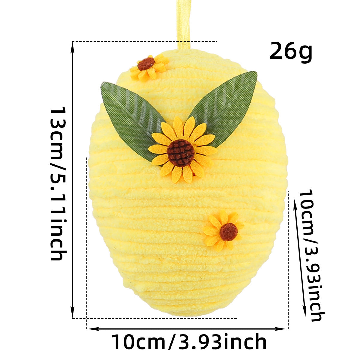 A yellow fabric Easter egg with sunflowers and green leaves, dimensions: 13cm x 10cm, weight: 26g.
