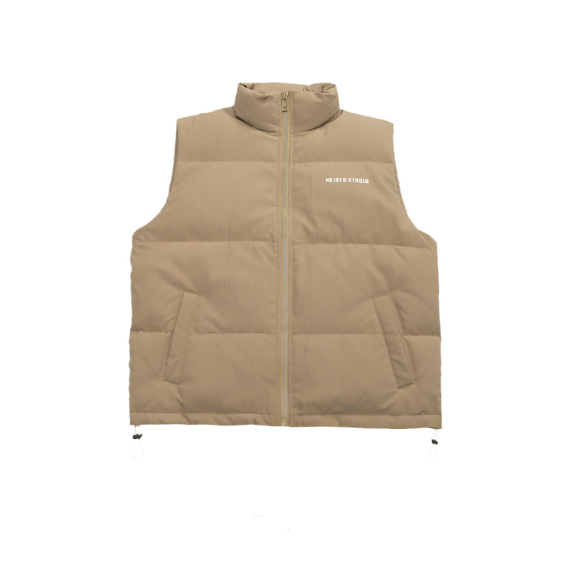 Tan puffer vest with white NEIGTR STUDIO logo on chest, featuring stand collar and side pockets against white background