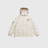 Cream hexagonal-quilted puffer jacket with hood and EXPLORERA logo displayed flat against light gray background
