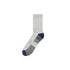 Light gray sport sock with navy accents and graduated compression stripes for enhanced comfort