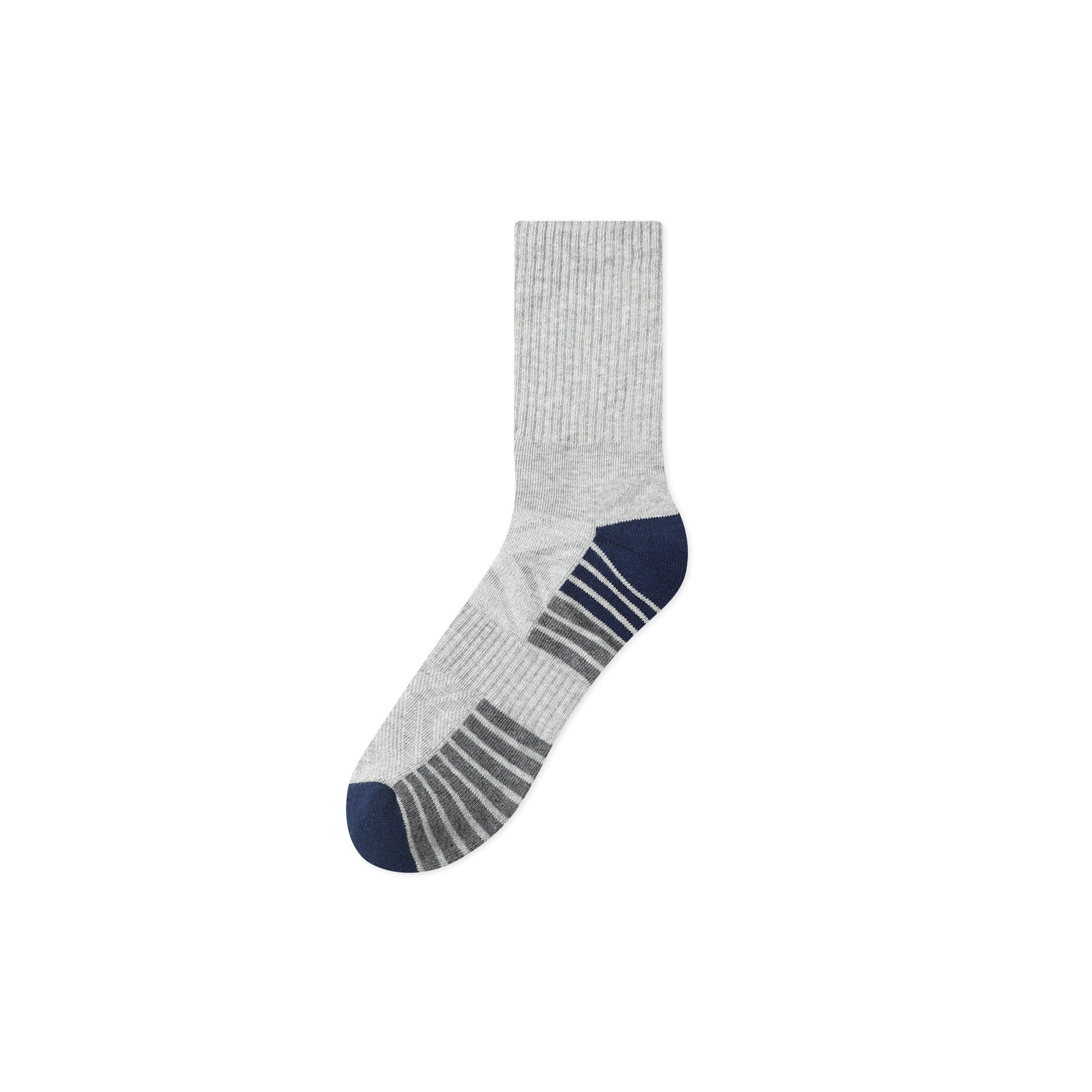 Light gray sport sock with navy accents and graduated compression stripes for enhanced comfort