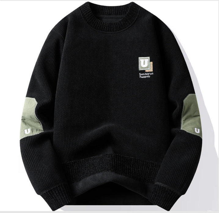 Black ribbed sweater with olive elbow patches and U logo patch