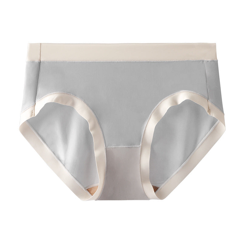 Light gray mid-rise brief with white contrast trim along waistband and leg openings, flat lay product photo