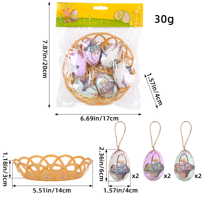  Easter egg decoration set with vintage rabbit and nest prints, packaged with a woven basket, ideal for holiday home decor.