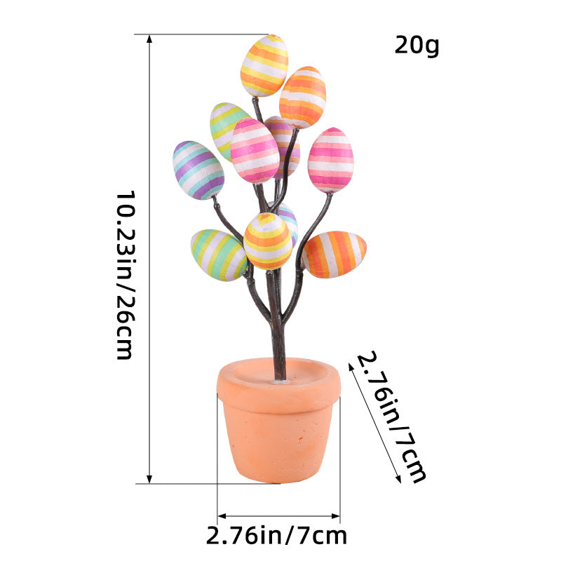 Multicolor striped Easter egg tree with size dimensions in a small pot, perfect for tabletop Easter decorations.