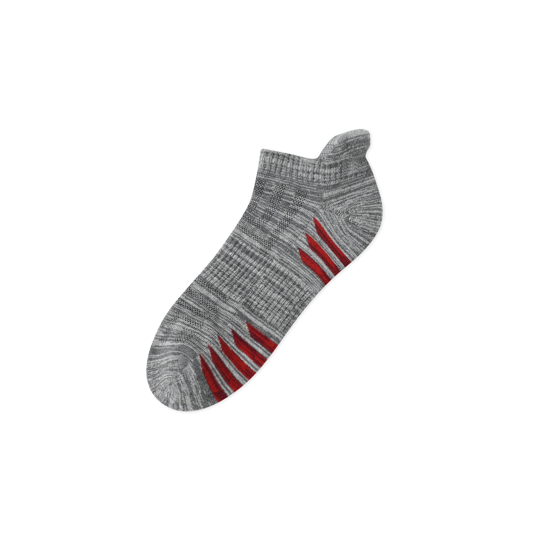 Gray melange ankle sock with red cushioning stripes and ergonomic arch support, shown on white background