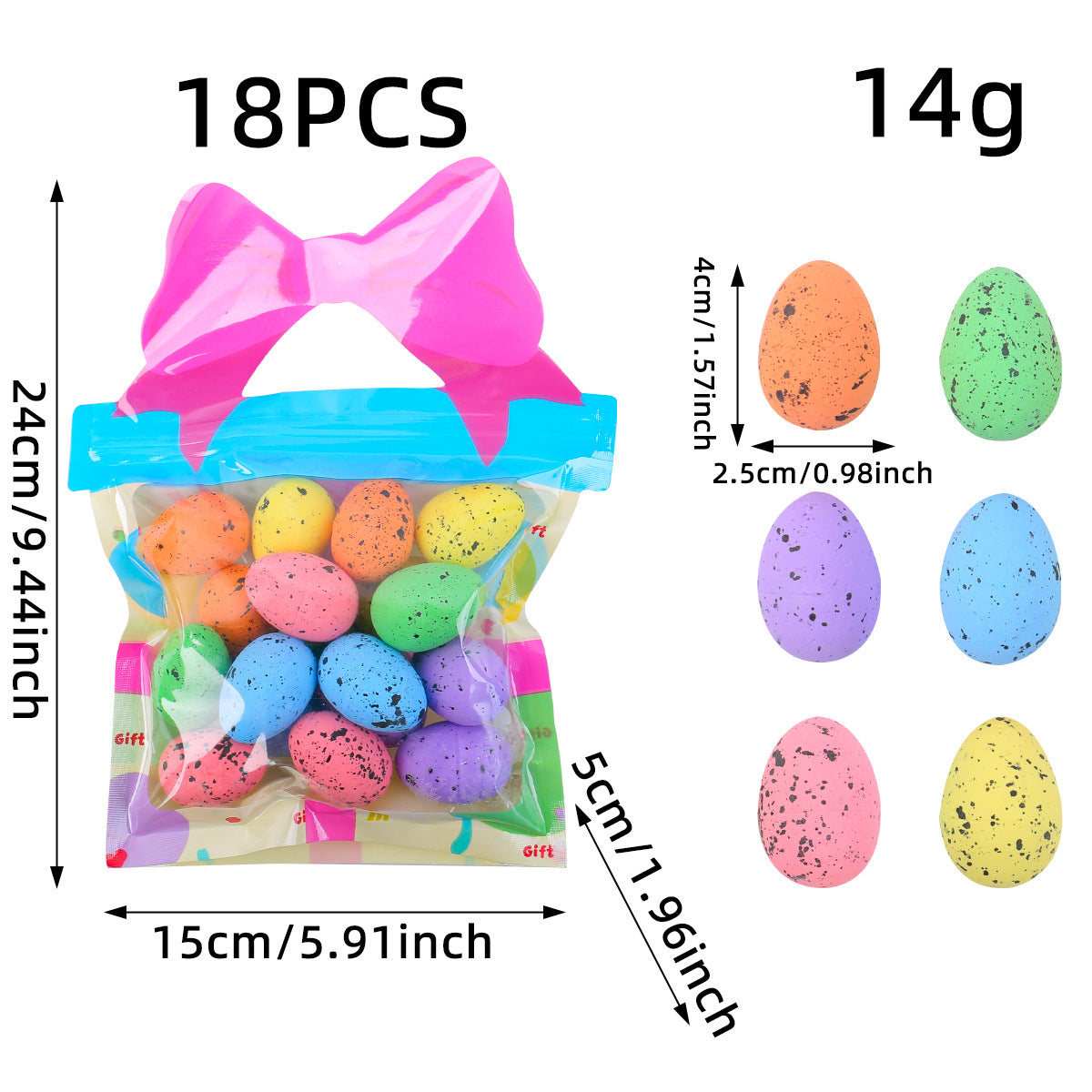 A resealable bag with 18 speckled Easter eggs in vibrant colors, featuring a pink bow handle and labeled with dimensions.