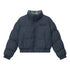 A navy puffer jacket with a green plaid lining, a front zipper, and elastic cuffs, displayed against a white background