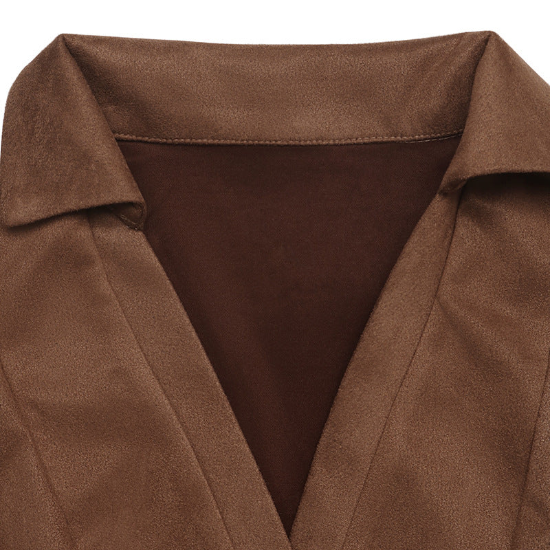 Brown Faux Suede Mini Dress with Point Collar