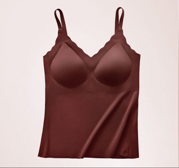 Brick red seamless camisole with built-in bra, designed for a stylish and comfortable fit.