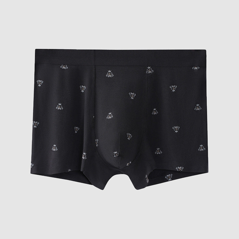 Black men's boxer briefs with subtle crown pattern print, premium microfiber fabric design