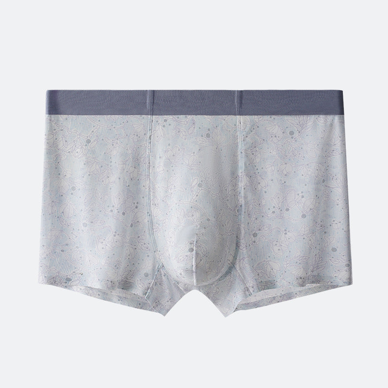 Men's gray boxer briefs with subtle printed pattern and dark waistband, showcasing lightweight fabric and contoured fit