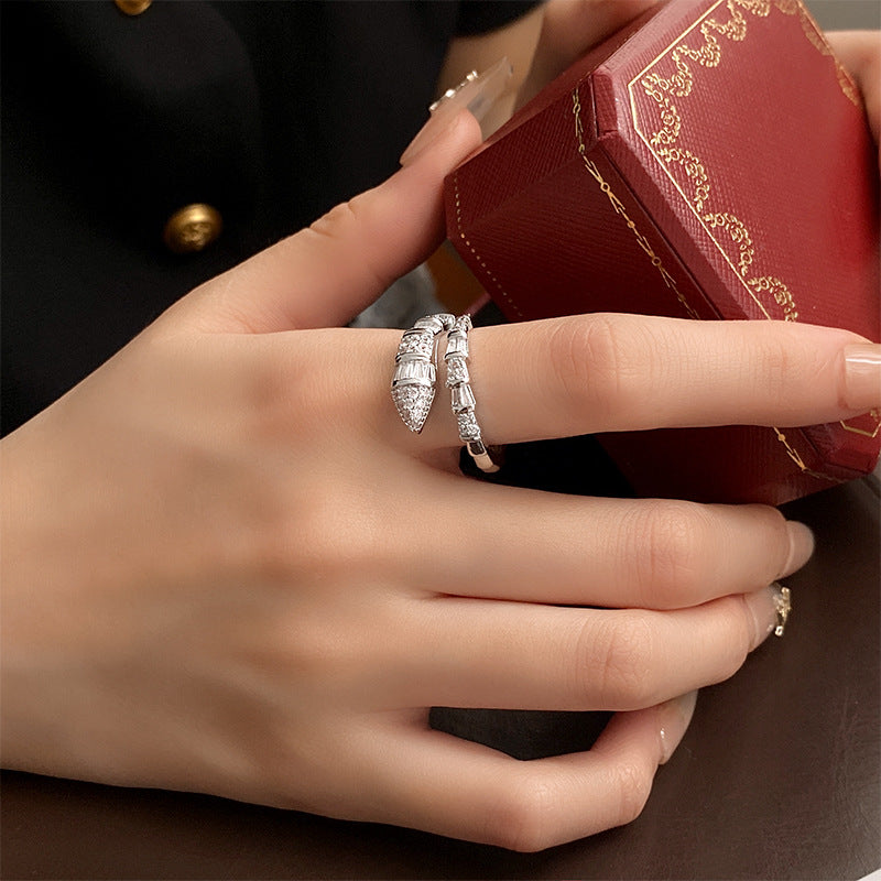 Silver plated zircon snake ring elegant book display