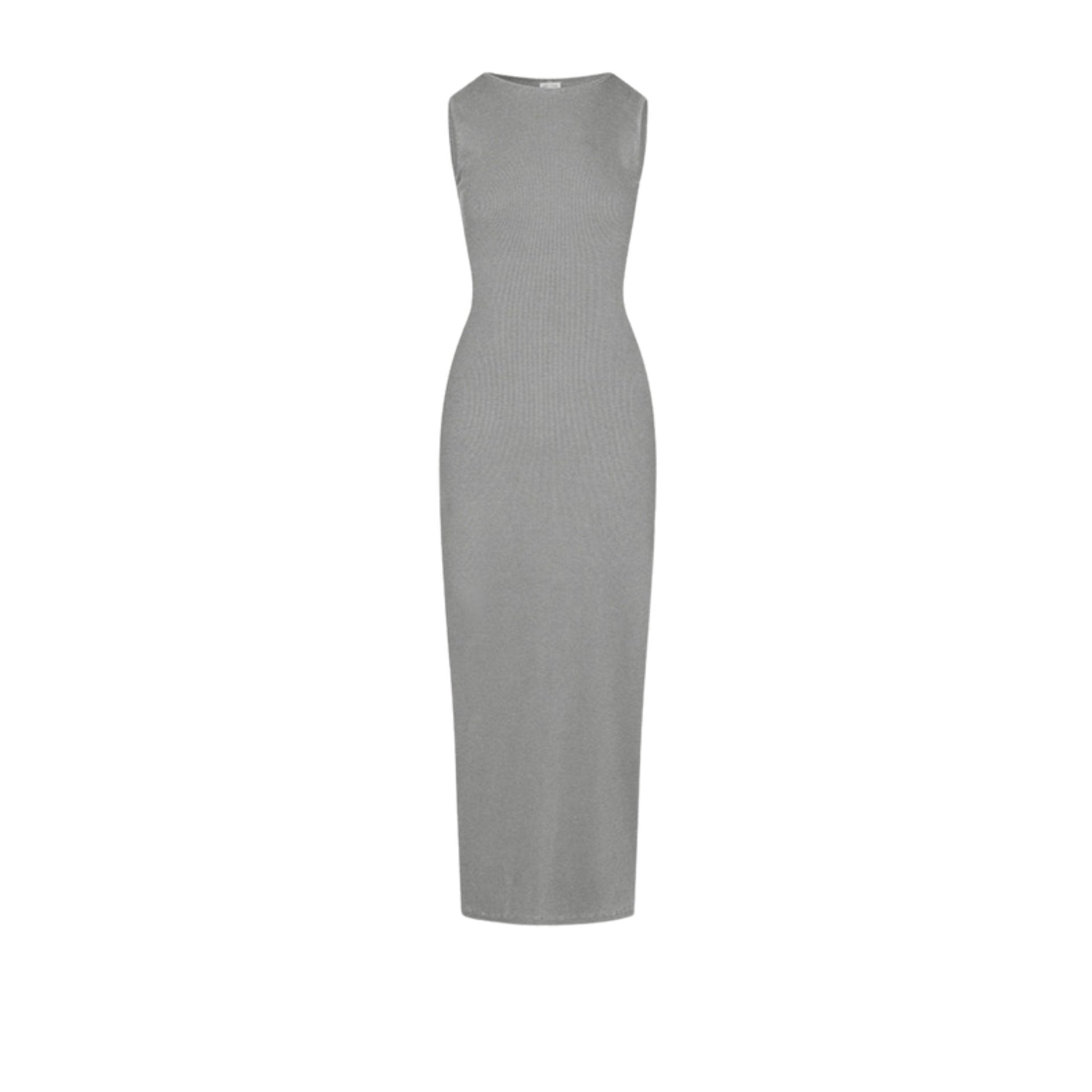Light gray ribbed sleeveless bodycon maxi dress with a fitted silhouette, laid flat on a neutral backdrop.