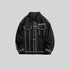 Black SANHOMME outline denim jacket displayed against gray backdrop, featuring white contrast stitching and traditional denim details