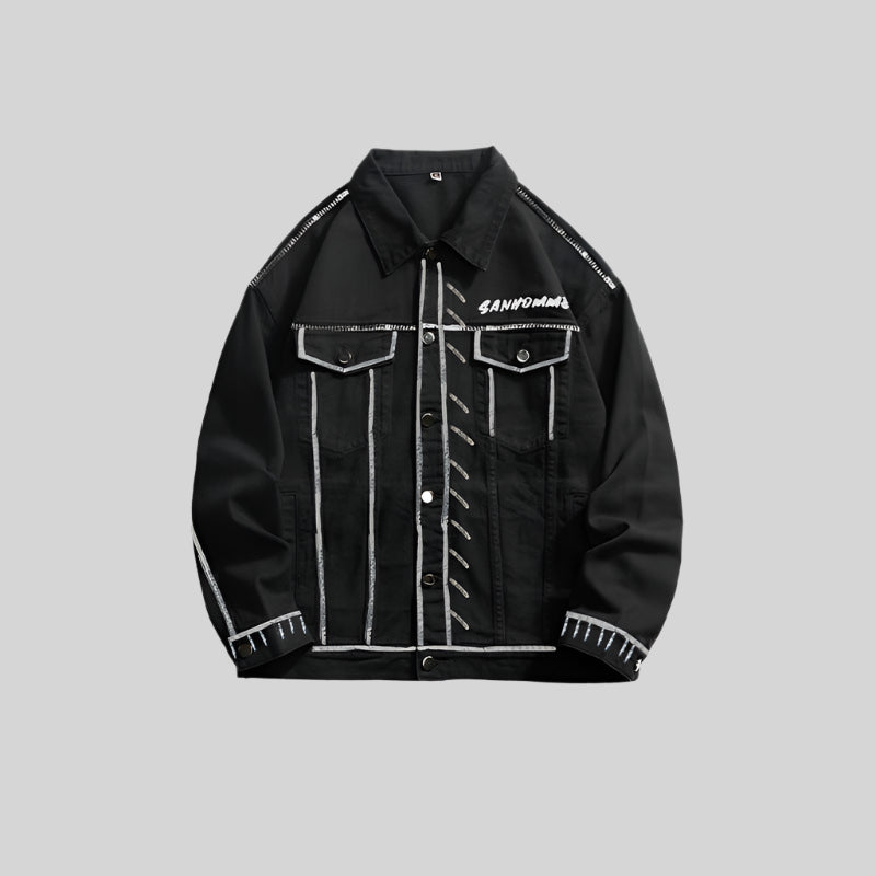 Black SANHOMME outline denim jacket displayed against gray backdrop, featuring white contrast stitching and traditional denim details